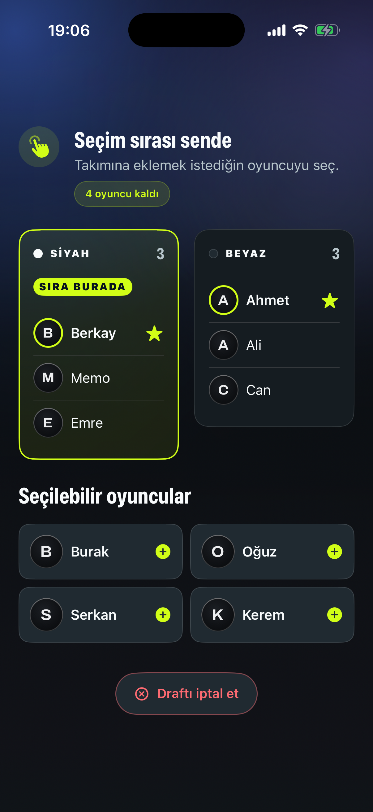Ofsy Draft ekranında oyuncu seçimi